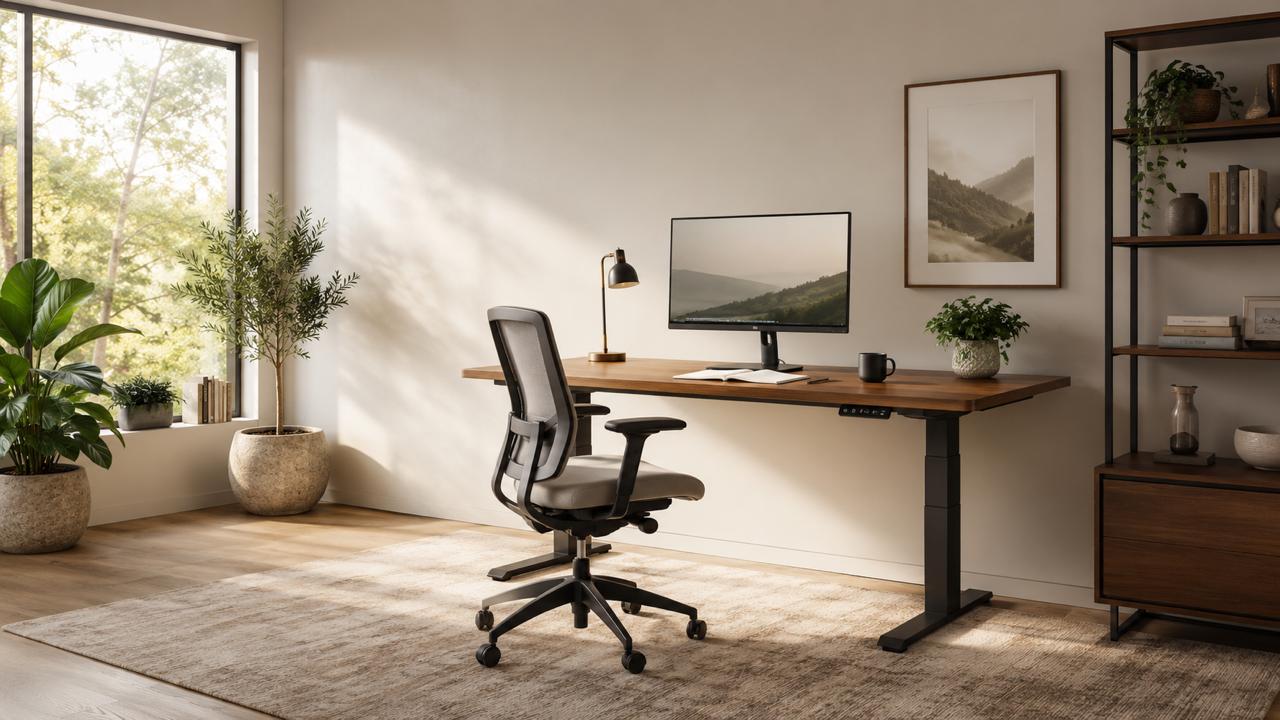 Bright modern home office with a standing desk, ergonomic chair, plants, and natural light.