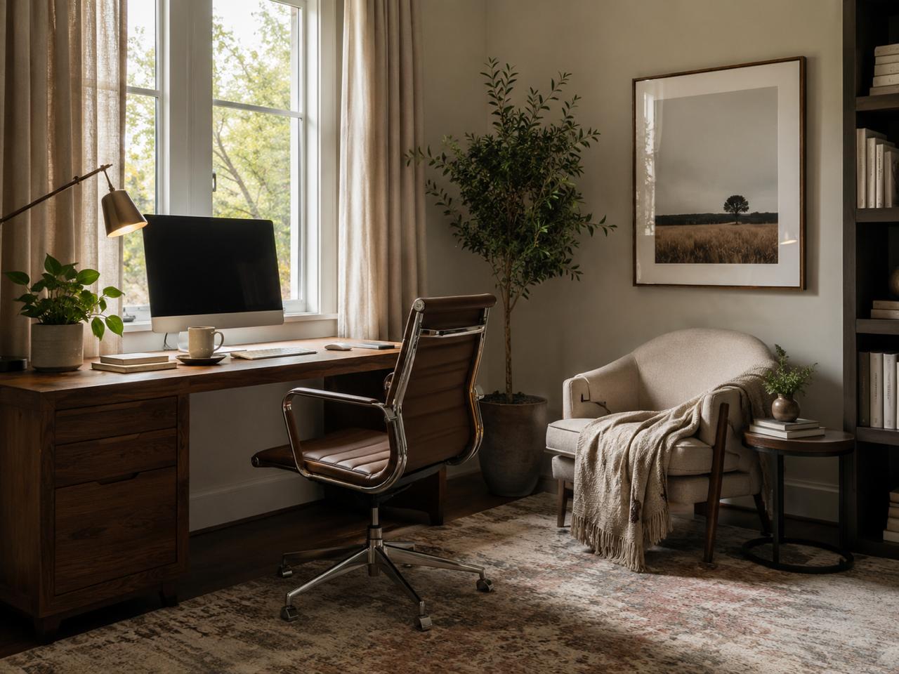 Cozy home office with a wooden desk, leather chair, plants, and natural window light.