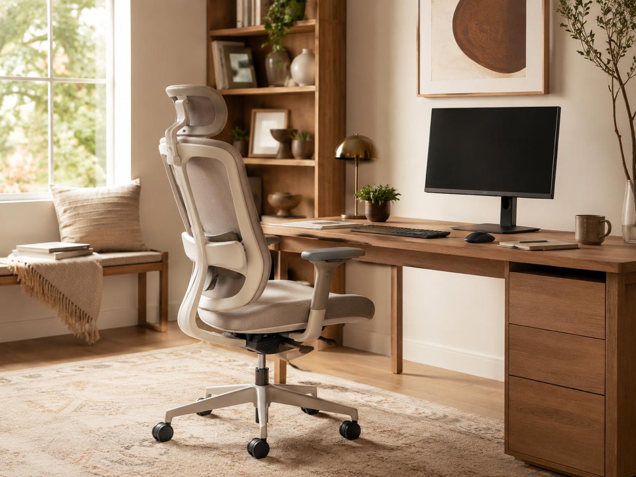 Bright home office with a white ergonomic chair, wood desk, monitor, and natural light.