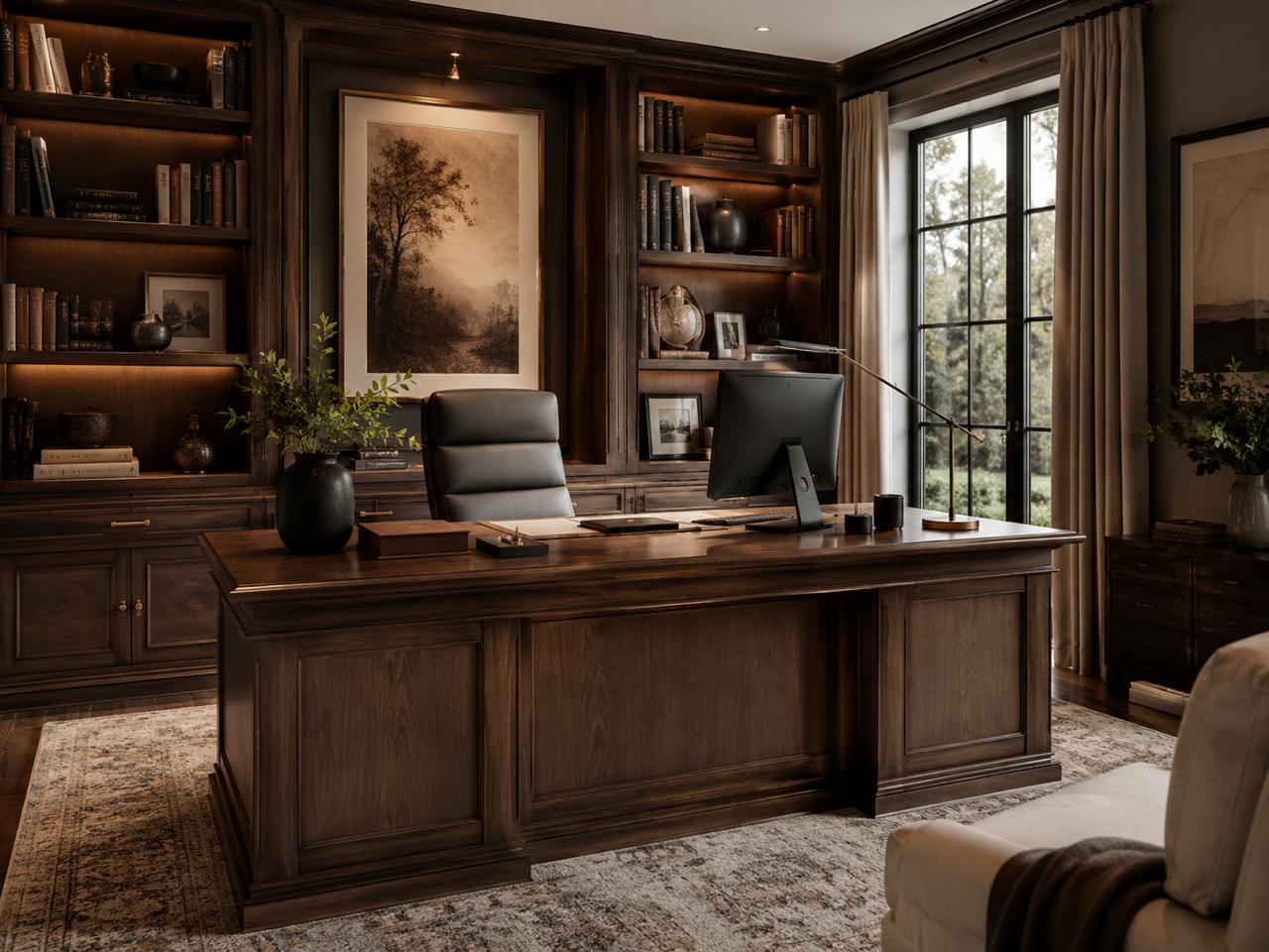 Polished home office with a dark wood desk, built-in bookshelves, and a leather chair.