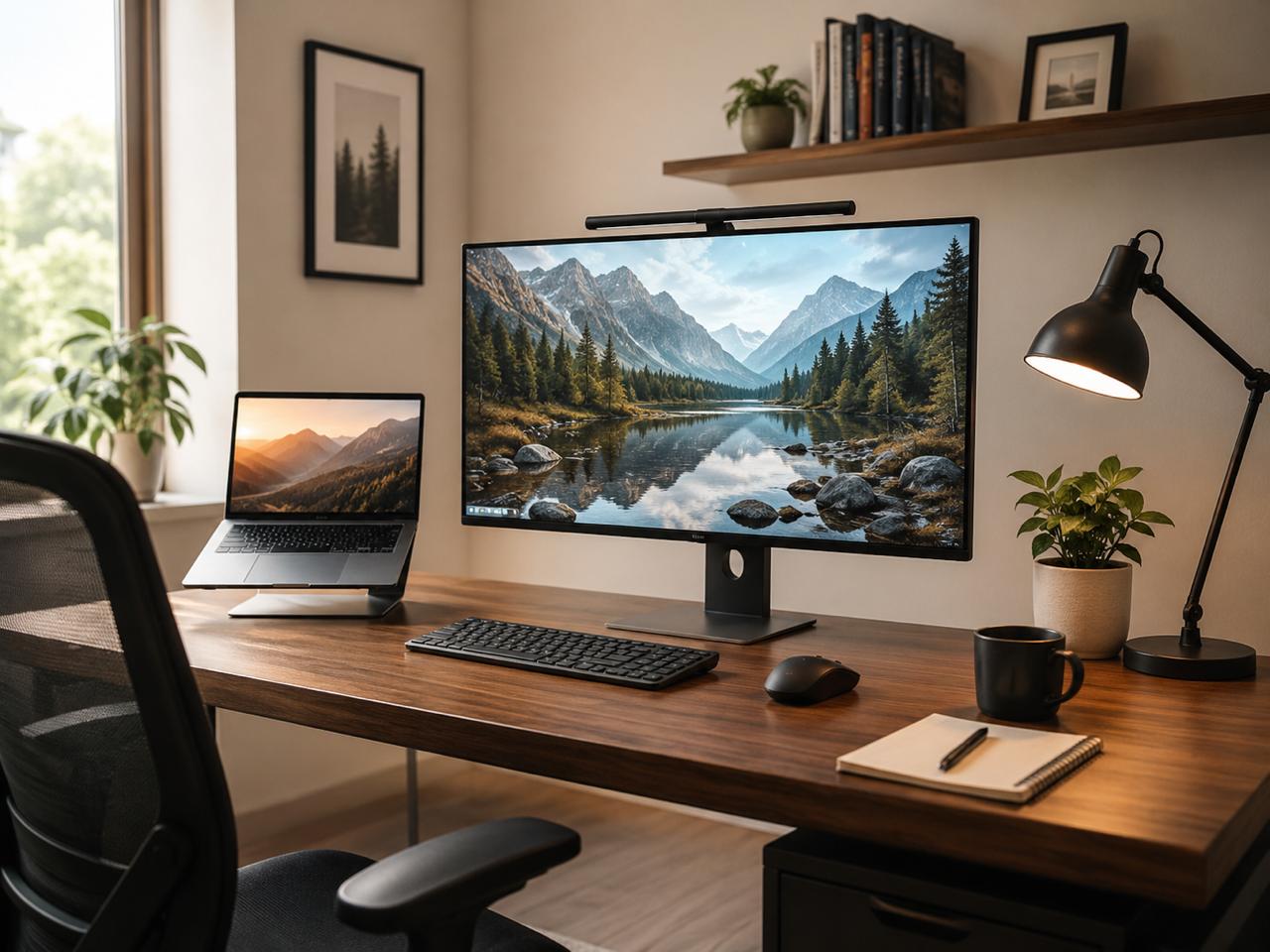 Modern home workstation with a large monitor, laptop stand, keyboard, lamp, and plant.