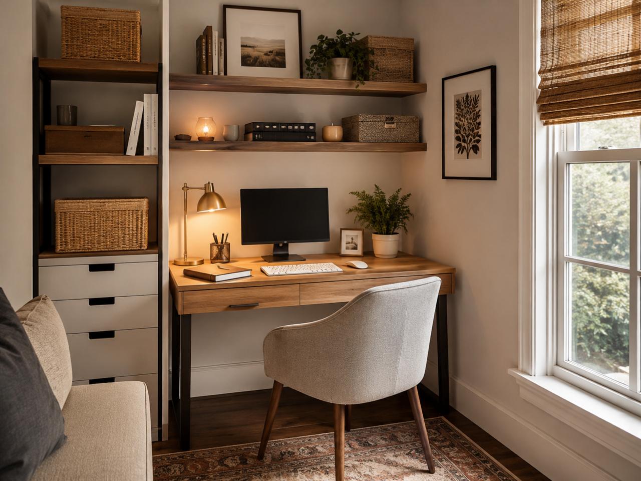 Compact home office desk nook with a monitor, shelves, storage baskets, and window light.