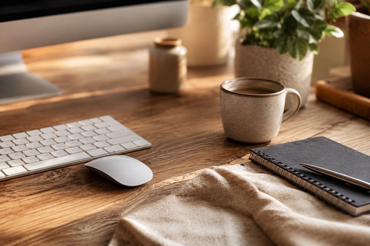 Warm desk close-up with a keyboard, mouse, notebook, coffee mug, and plants.